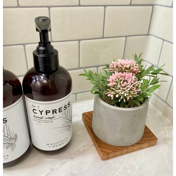 Set of 3 Artificial Pink Allium Flowers in Handmade Concrete Pot with Wood Tray - Picture 3 of 9